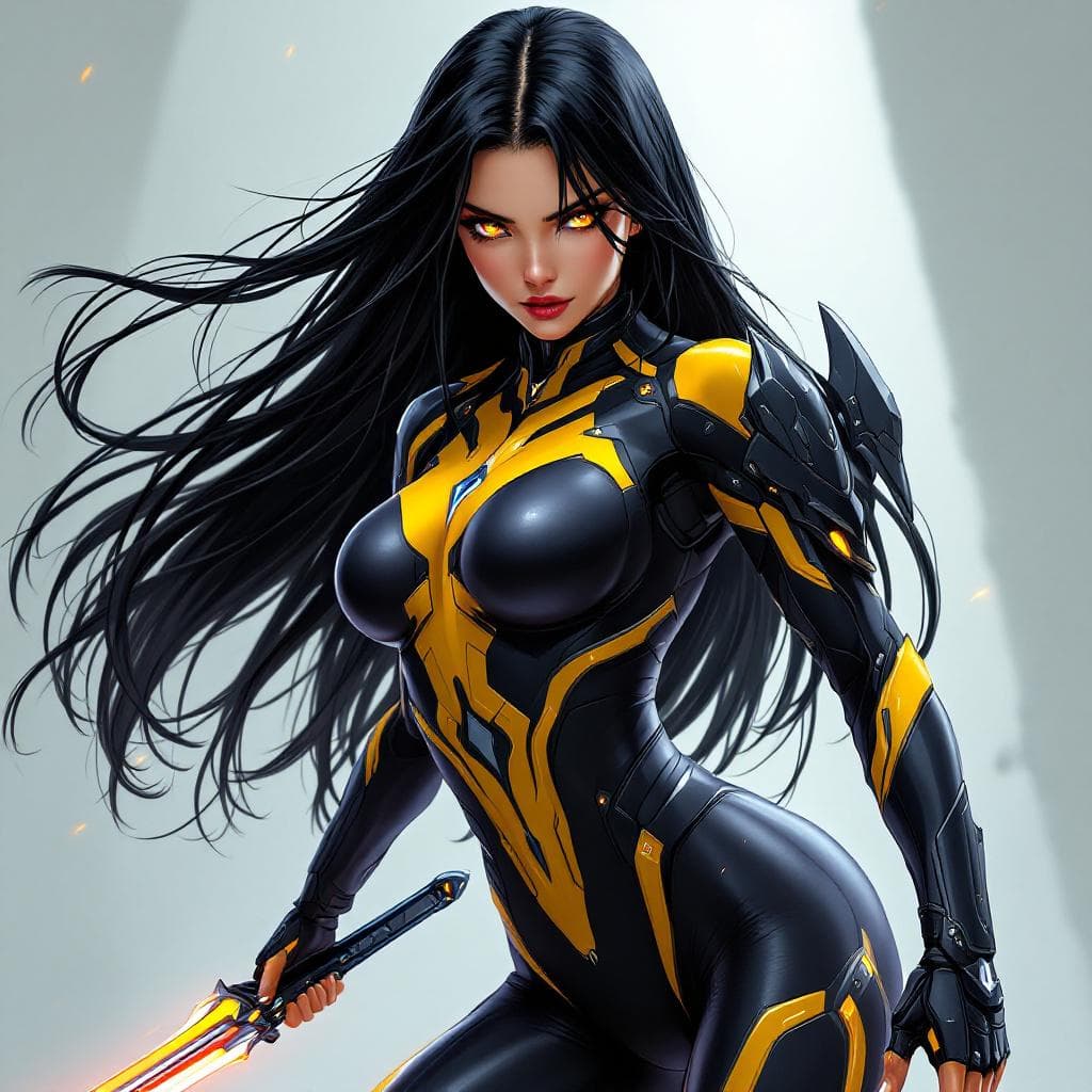 AI generated: A fit girl with long black hair is wearing a futuristic, skin tight suit. The suit is meant for time...