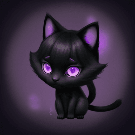 AI generated: A cute black and purple cat with purple glowing eyes, chibi and mysterious, cartoon cat