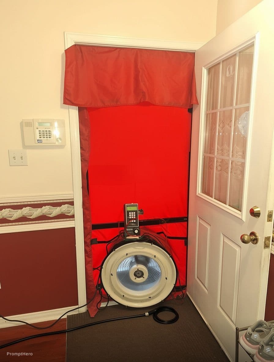 AI generated: Replace the empty doorway with a fully installed blower door test setup (blower in Minneapolis 3), m...