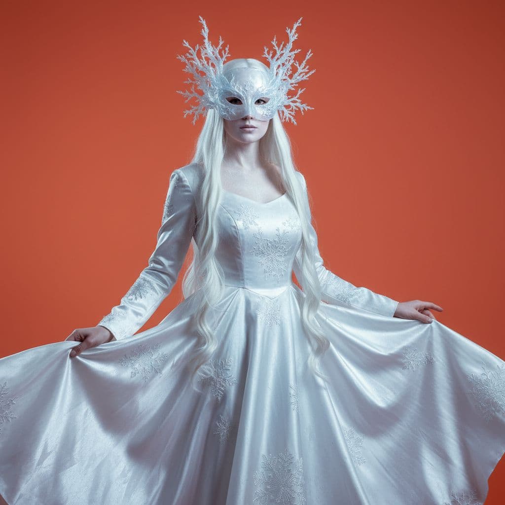 AI generated: A hyper-realistic portrait, in HD, 8K, of a woman wearing a full mask sculpted from shimmering ice a...