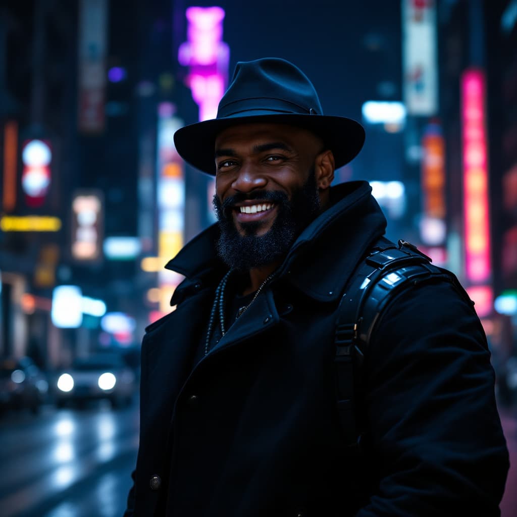 AI generated: photo of a african muscular strong man, beard, smiling, hat, cyberlimbs, cyberarms, black coat, stan...