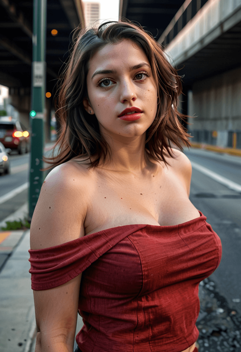 AI generated: photograph of a 25 year old busty woman with shoulder length brunette hair, wearing an off the shoul...