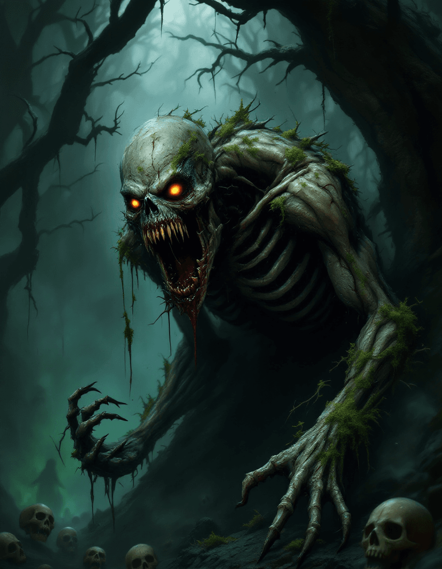 AI generated: A horrifying undead revenant emerging from the shadows, partially skeletal and rotting, with glowing...