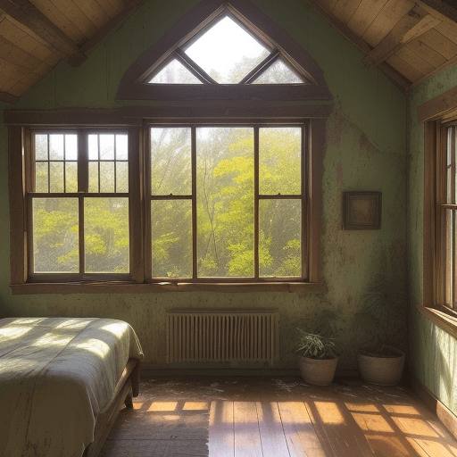 AI generated: Late summer into early autumn imagery: A rustic, spacious room bathed in the soft, warm glow of sunl...