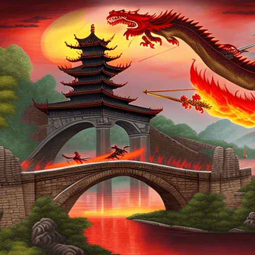AI generated: Image of a roman bridge, looking up river, with a reddish sky and a Chinese style dragon approaching...