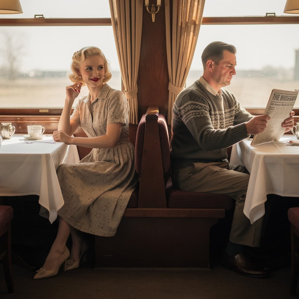 AI generated: A beautiful young blonde russian woman is seated on the left side of an 1945 passenger train dining ...