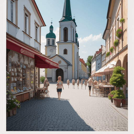 AI generated: gdów, 8k, summer, august, church, shops, cars, people