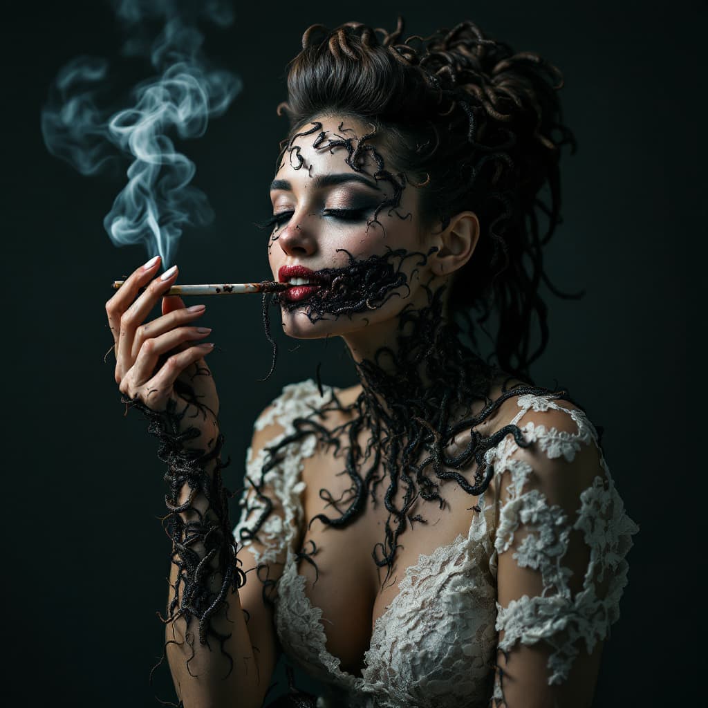 AI generated: A beautiful young woman in a lace dress with an open neckline and a high hairstyle smoking a long th...