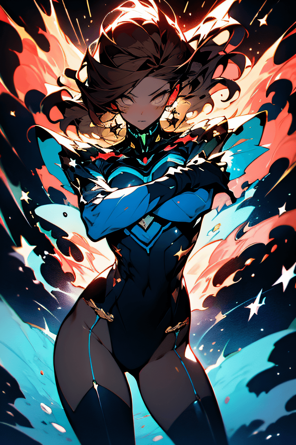 AI generated: ((Best quality)), ((masterpiece)), (detailed: 1.4), (Absurd), Gynoid, (((action pose))), glowing ski...