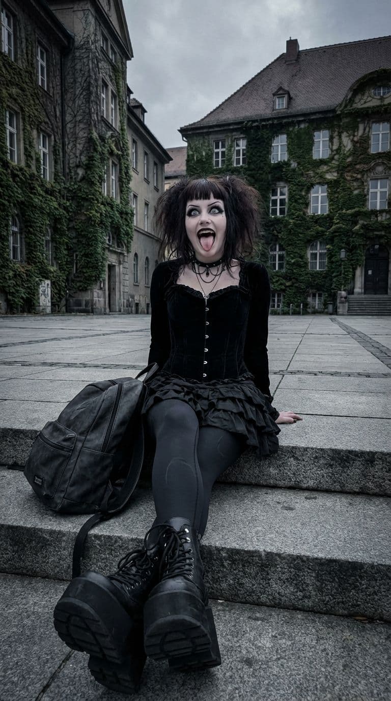 AI generated: Gothic girl that have big boobs and ass 
Give Ahegao face expression and camel toe is visible 