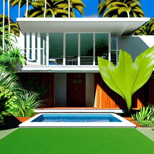 AI generated: hyper realistic eye level exterior photo of a mid century modern style house and garden overlooking ...