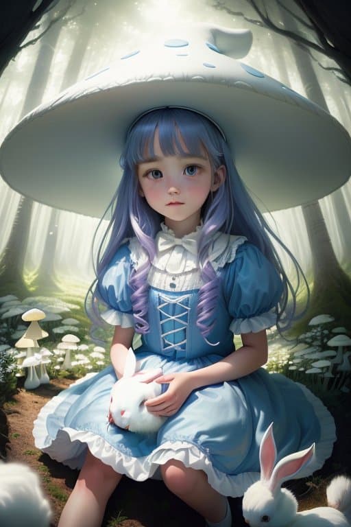 AI generated: Tim burton style, (portrait of Alice In Wonderland), ((young girl playing with a white bunny)), cute...