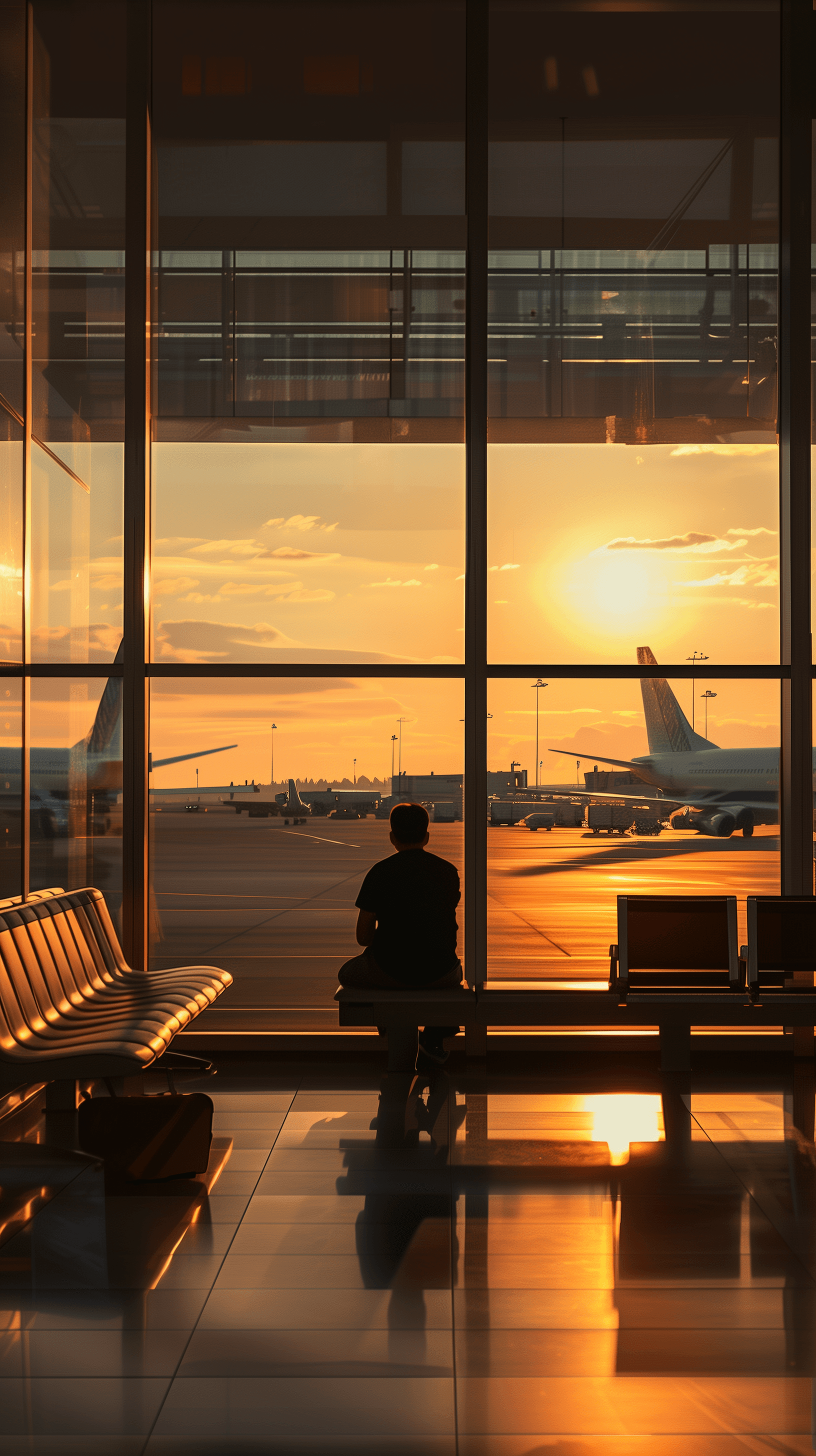 AI generated: capture a serene moment during golden hour, focusing on a solitary figure sitting on an airport benc...