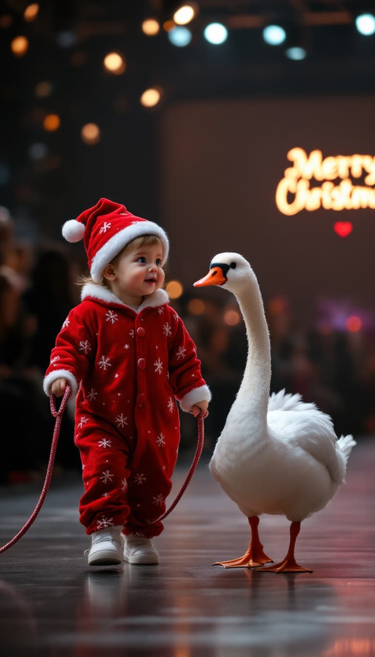AI generated: A baby girl dressed in santa claus pajamas leads a pet manga swan on a leash while walking at a Merr...
