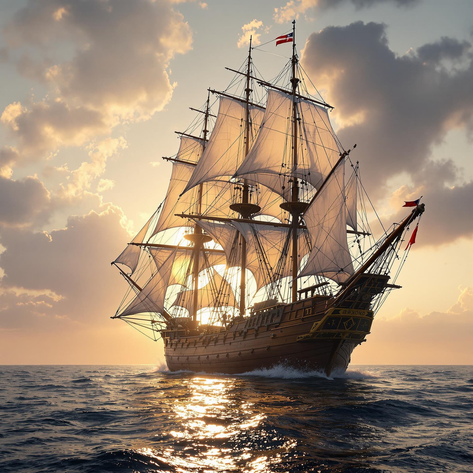 AI generated: Photo of a ultra realistic sailing ship, dramatic light, pale sunrise, cinematic lighting, battered,...