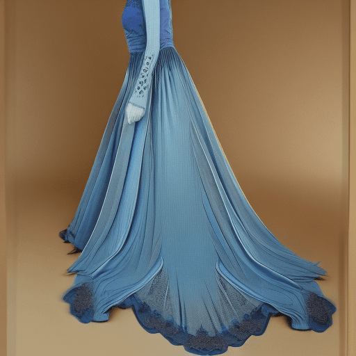 AI generated: The image is a full-length portrait of a woman in a flowing blue dress. The dress features a high ne...