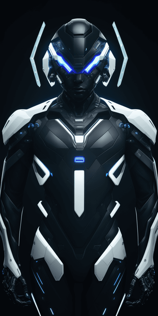 AI generated: Futuristic cyborg Black man featuring a captivating cybernetic helmet adorned with vibrant triangula...