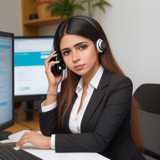 AI generated: A 25-year-old Colombian woman, answers a customer service call, in a modern style