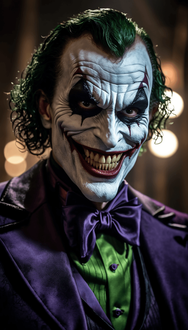 AI generated: Portrait of a very sinister looking Joker from Batman with a scary grin, showin teeth, cinematic 4k ...