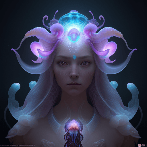 AI generated: Goddess close-up portrait ribcagel. jellyfish phoenix head, nautilus, orchid, skull, betta fish, bio...