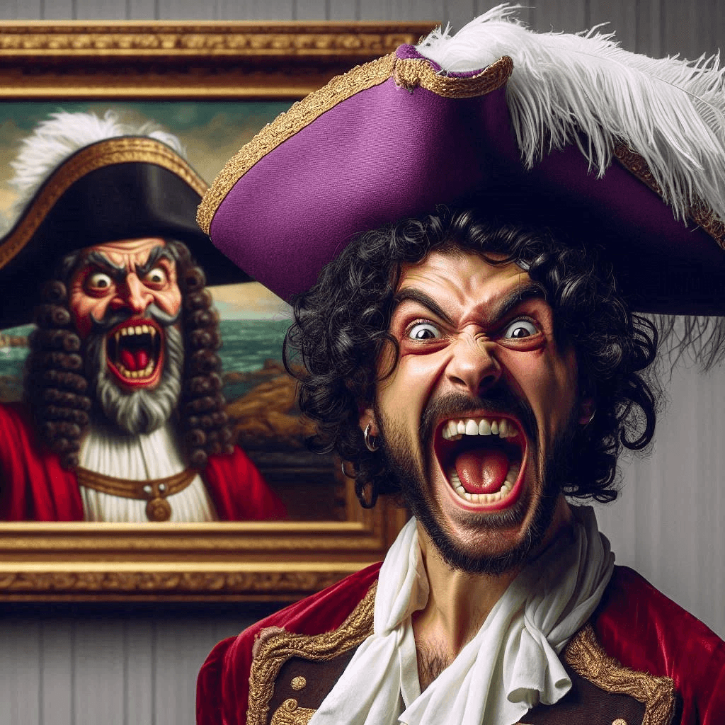 AI generated: Close-up professional cinematic photo of an angry laughing Spanish pirate with black curly hair in a...