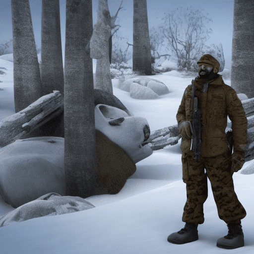 AI generated: Courageous polar bear in full winter military uniform, holding a carbine rifle, anthropomorphic, sup...
