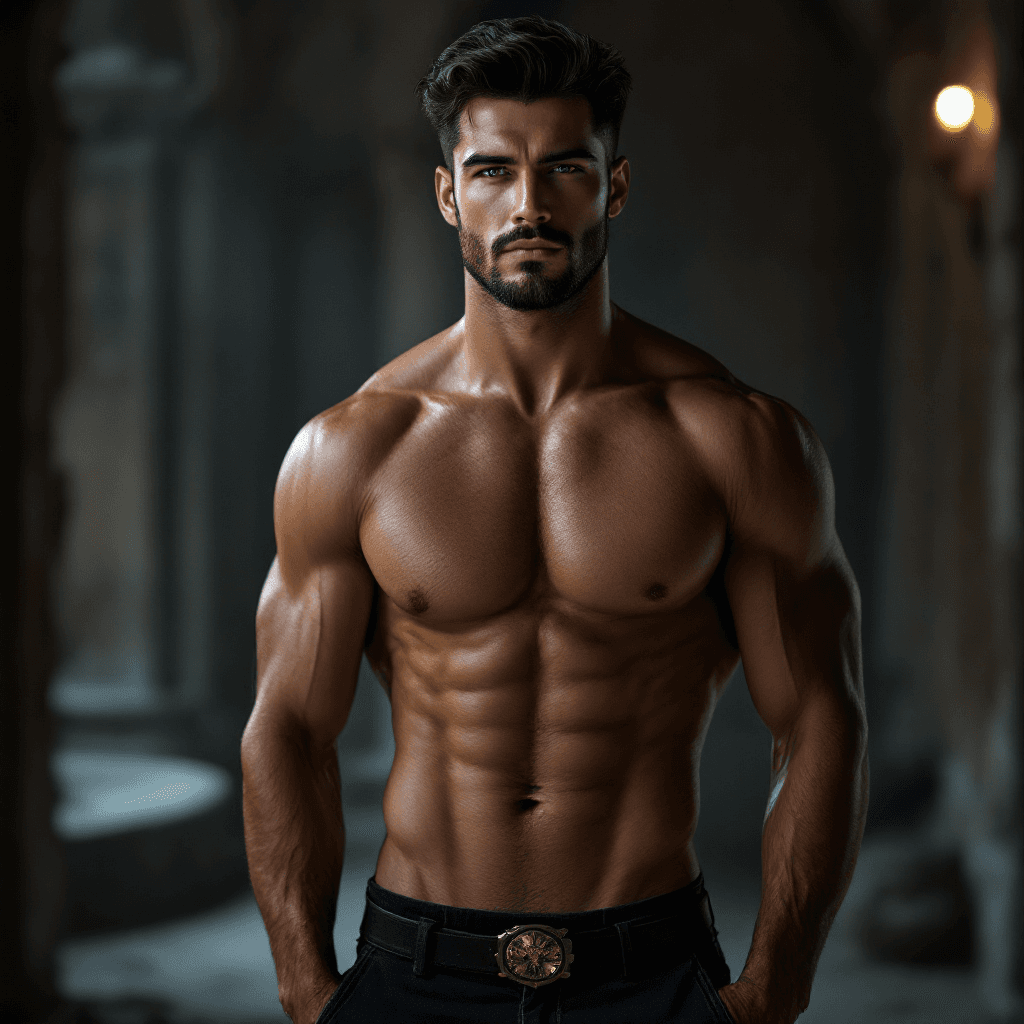 AI generated: High resolution photography portrait clean shaven muscular man, dark hair handsome boyfriend, wears ...