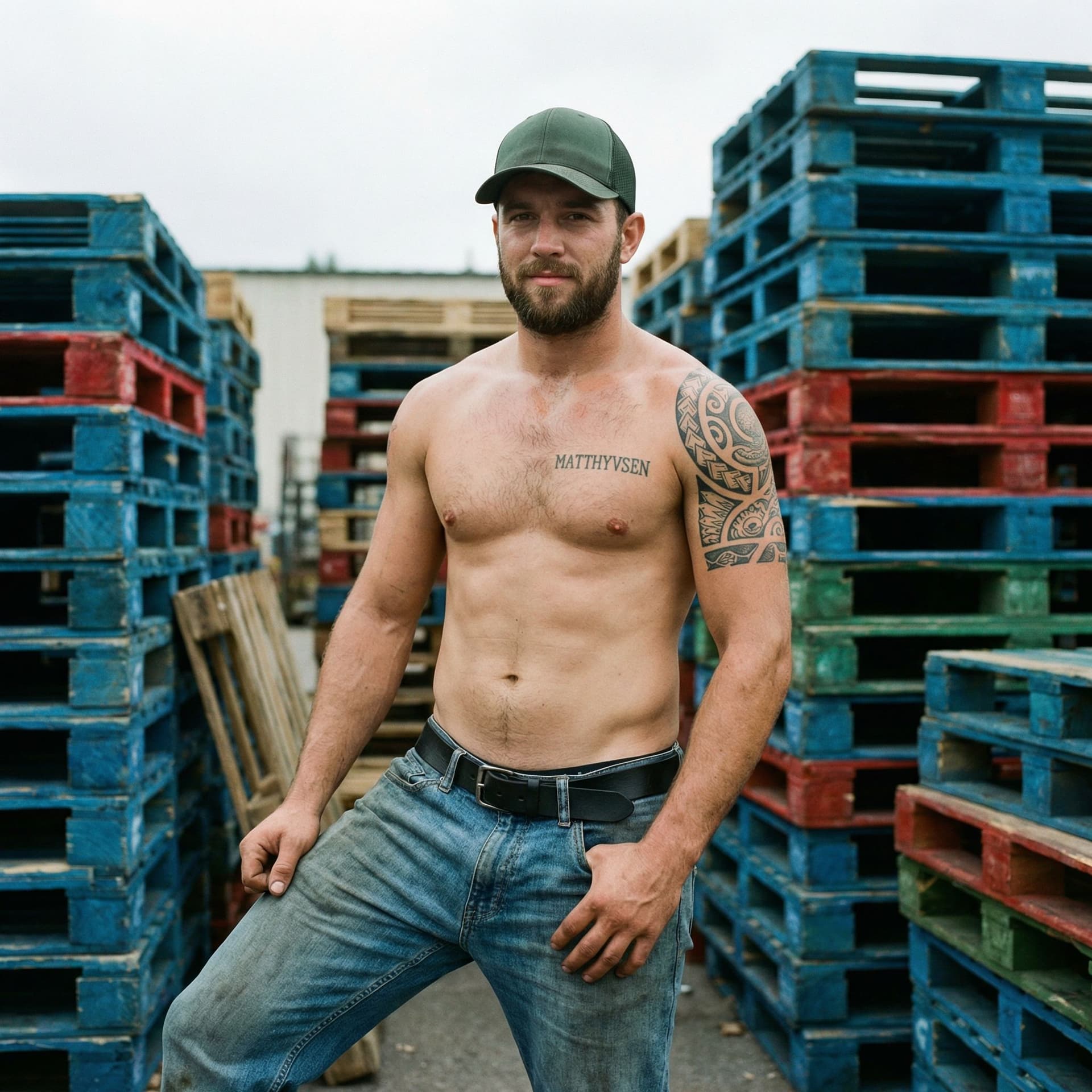 AI generated: Raw candid unposed photograph, natural spontaneous shot of a rugged 28-year-old white man with very ...