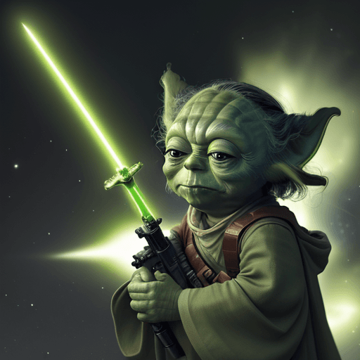 AI generated: Galaxy war, YODA in cosmos, 4k, 8k, light sword, many YODA, soldier YODA