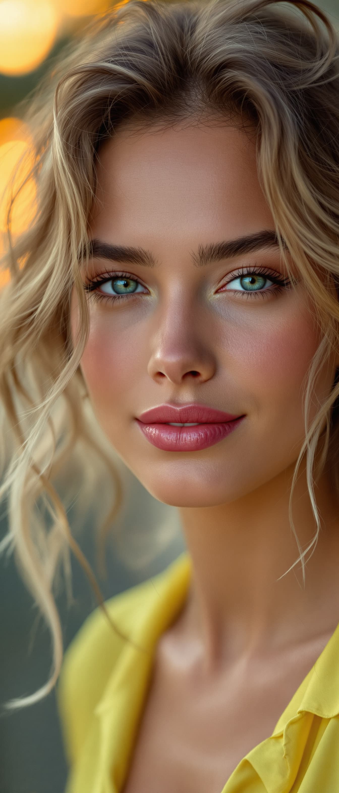 AI generated: "Image is a high resolution close up head and shoulders portrait of a light-skinned supermodel in he...