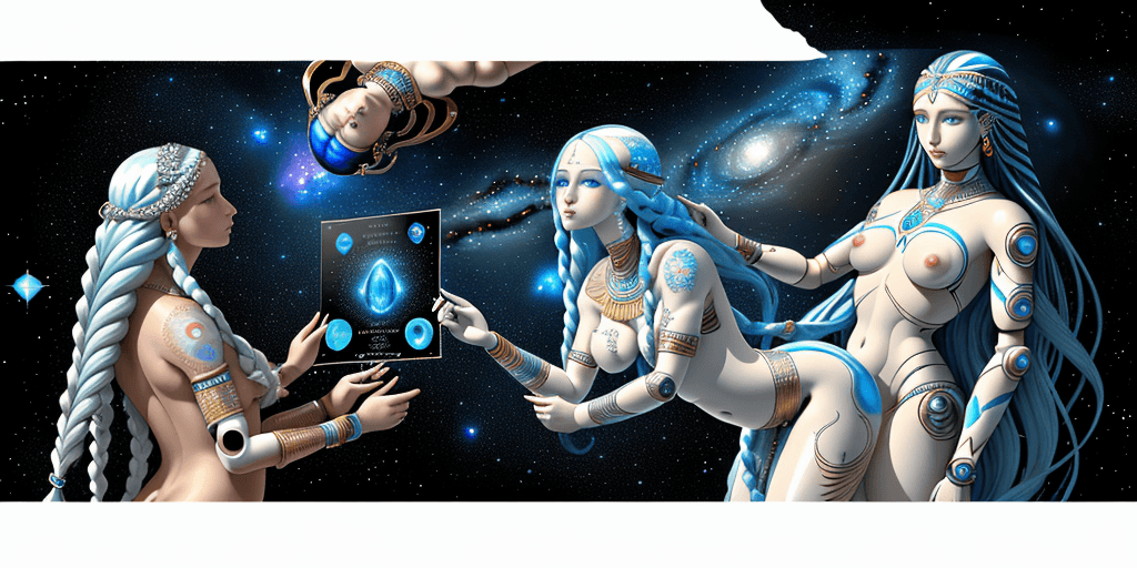 AI generated: Birth of Venus painting with pure white shiny translucent Egyptian Arab skin android with large trib...