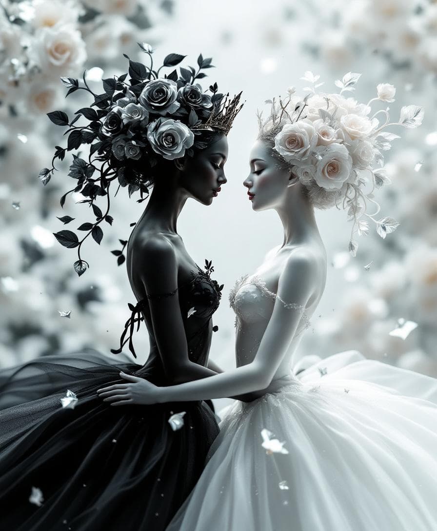 AI generated: Two ethereal ballerinas facing each other in a poetic dance of duality — one sculpted in pure white,...