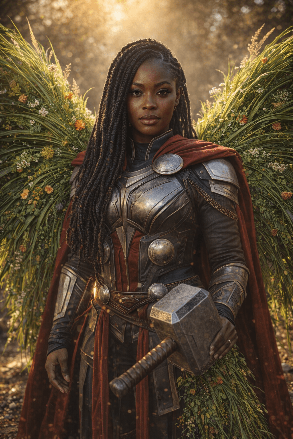 AI generated: ultra detailed photo shot of a black woman (Jia Lissa) dressed as thore, with wings made of ((grassy...