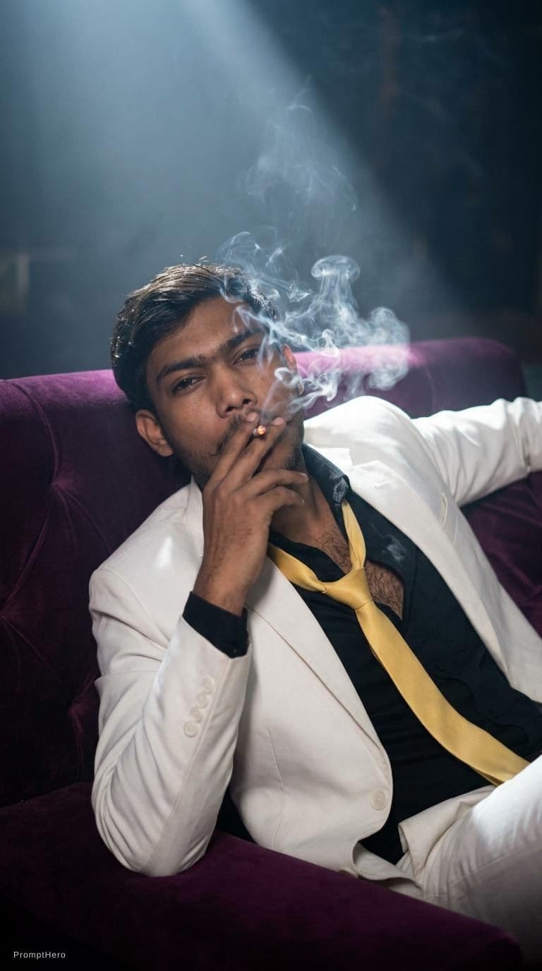 AI generated: snapshot, dimly lit room with a hazy atmosphere, capturing a male model lounging on a deep purple co...