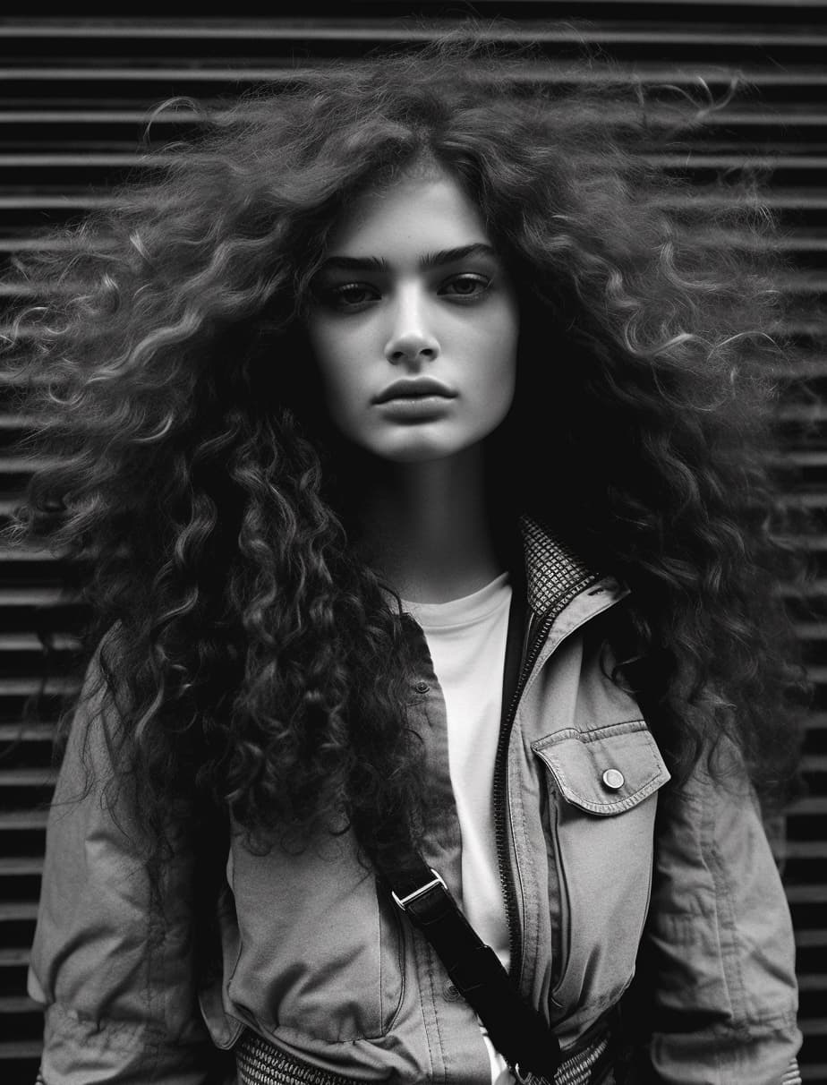 AI generated: a black and white photo of a woman , i-d magazine, hair floating covering chest, she is about 1 6 ye...