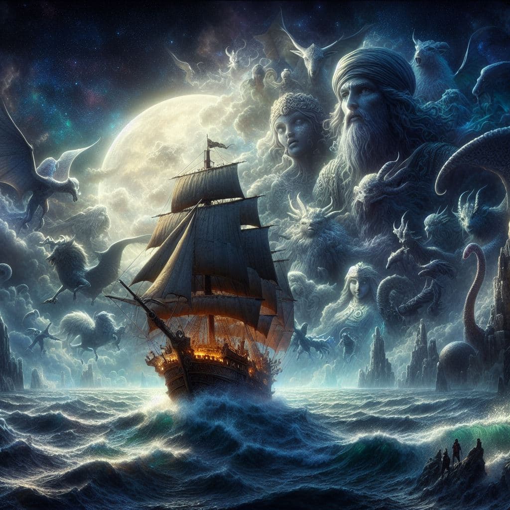 AI generated: On a moonlit, mystical sea, Sinbad the Sailor navigates treacherous waters, his ship surrounded by m...
