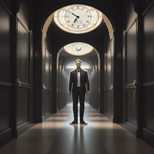 AI generated: photo of man standing in hallway surrounded by clocks ,intricate artwork . octane render, trending o...