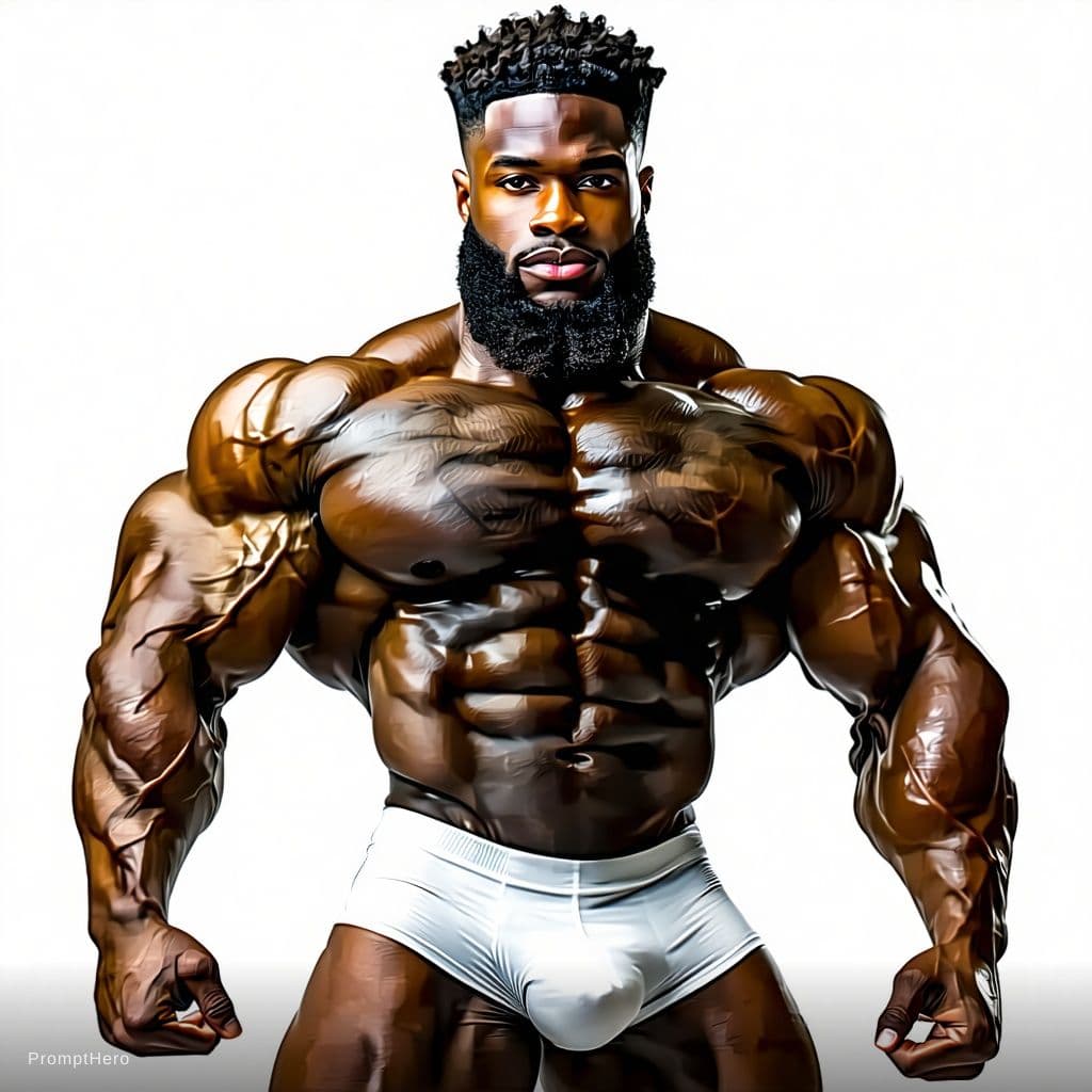 AI generated: A highly detailed, photorealistic image of an extremely muscular African American male bodybuilder, ...