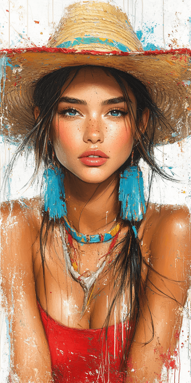 AI generated: a lady in red in a sombrero, in the style of Florian Nicolle, realistic marine paintings, close-up i...