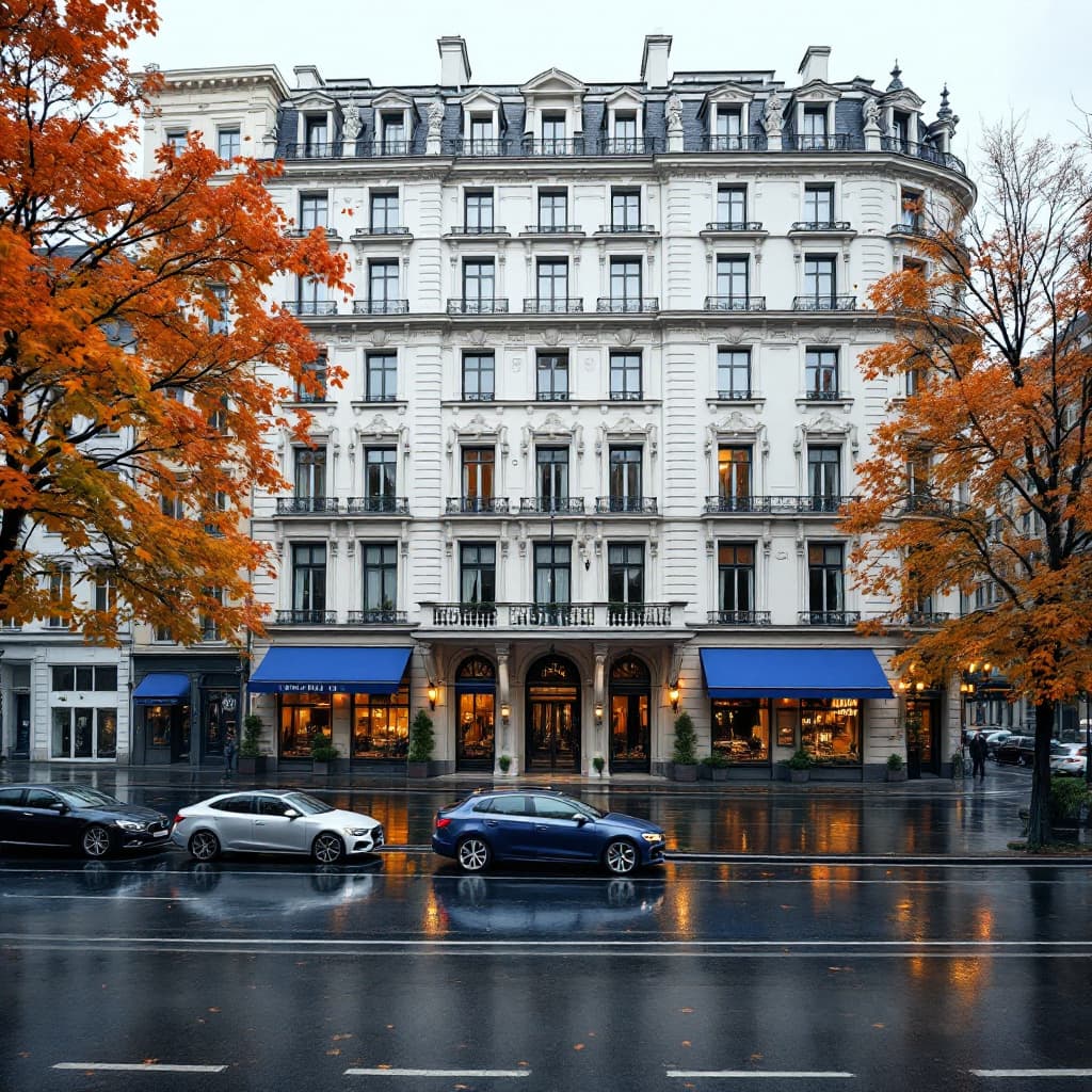 AI generated: Grand European hotel facade on a rainy autumn day.  Classic architectural style,  white stucco build...