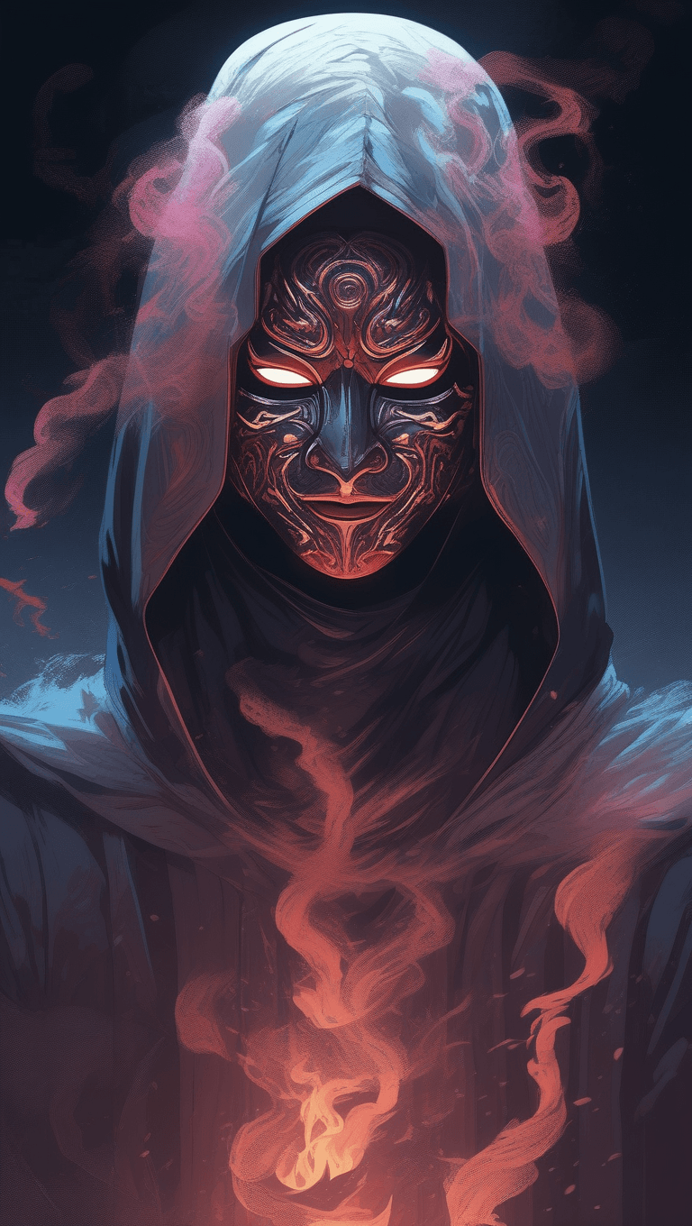 AI generated: a masked mysterious cloaked figure surrounded by swirling steam smoke and sparks, an anime drawing, ...