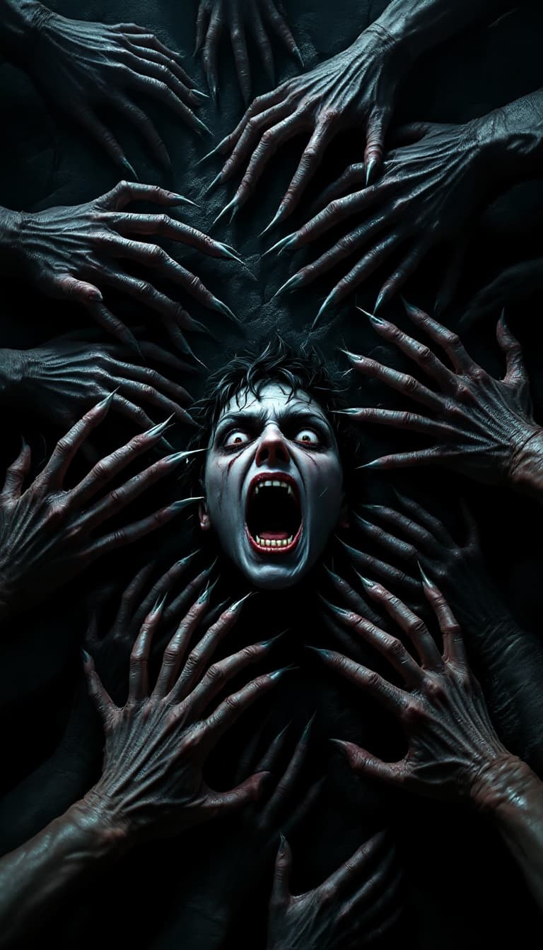AI generated: Horror, Hyperrealistic, hellish, dystopian, nightmare, a wall full of arms and hands grabbed a perso...
