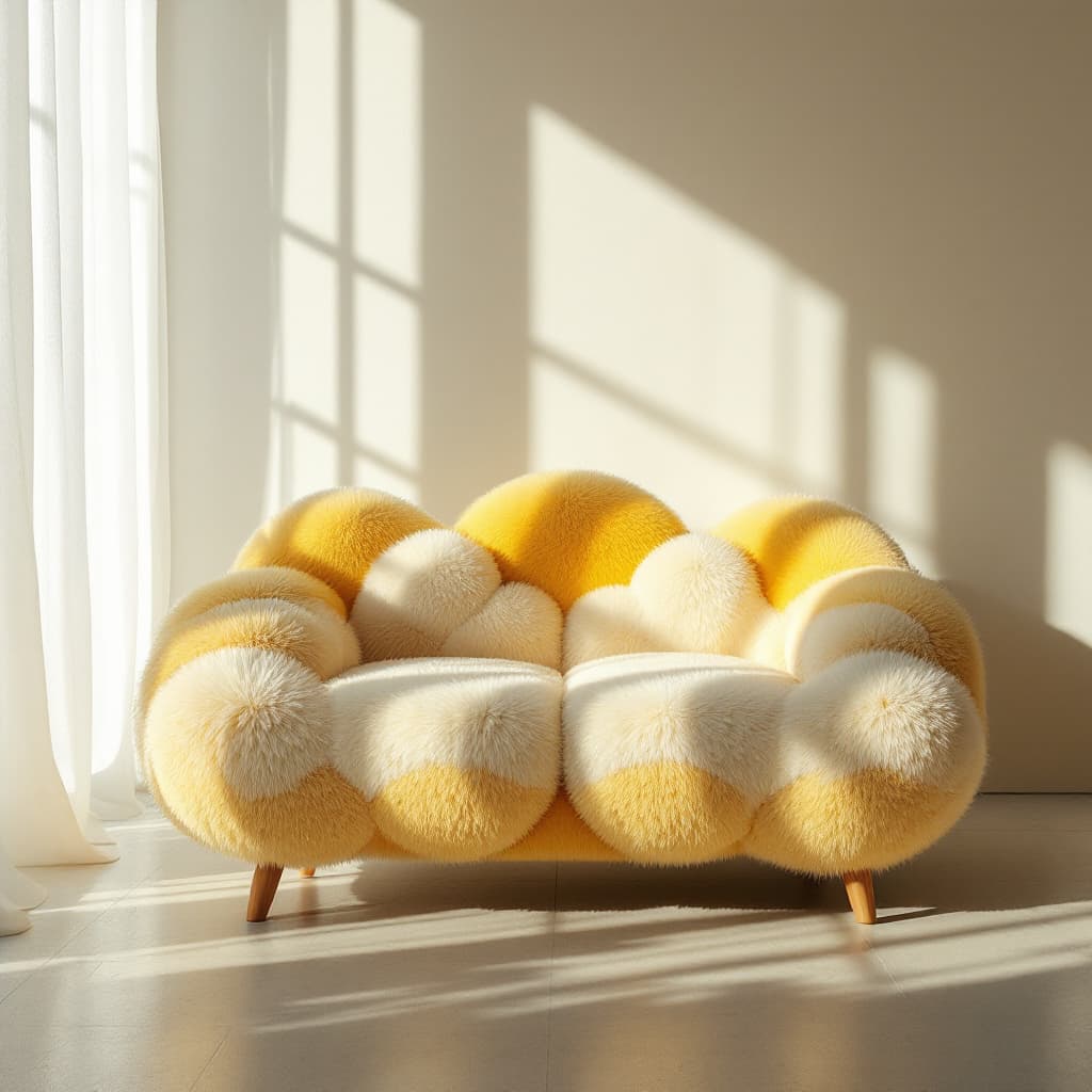 AI generated: productive photography, front view, small fluffy couch, inspired by cloud, yellow material details, ...