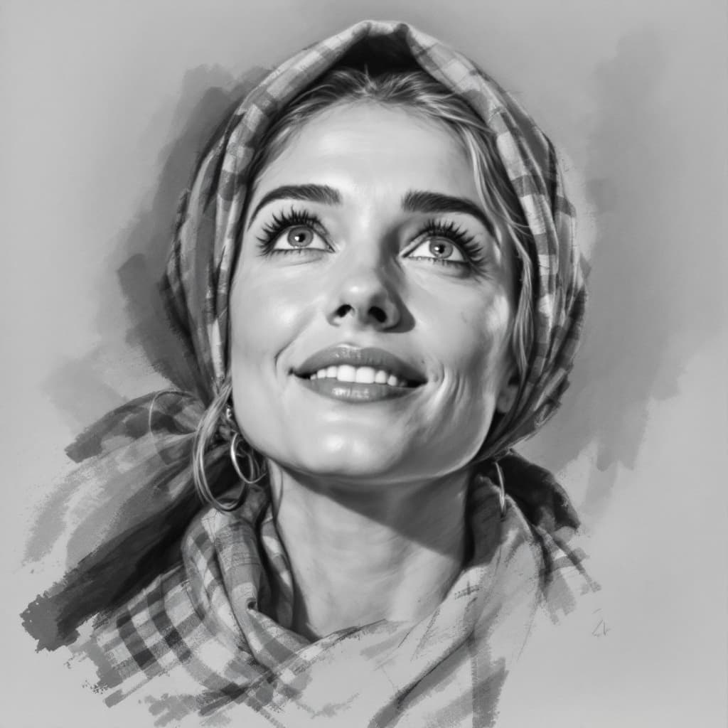 AI generated: Attractive woman, 30s, charcoal sketch, expressive, looking slightly up, wearing a little scarf on h...