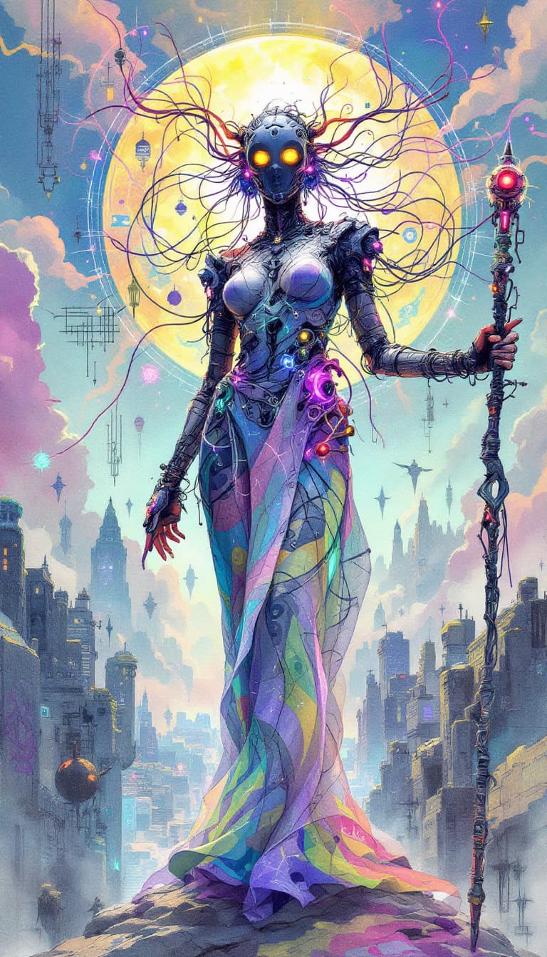 AI generated: Conceptual design: Cybernetic Psion from the Mind Weaver Collective. This haunting graffiti-punk dig...