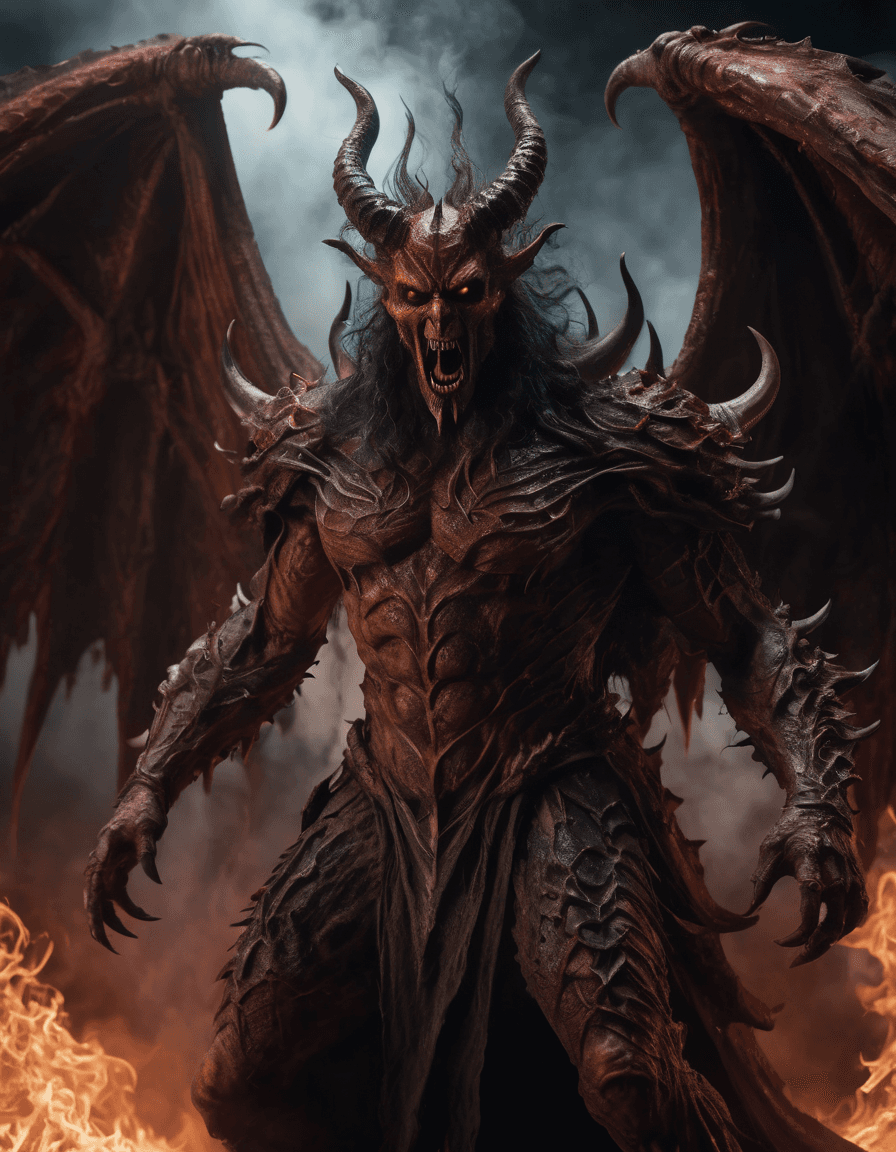 AI generated: Horror-themed cinematic film still,a horrifying red-skinned male demon king, (full body portrait:1.3...