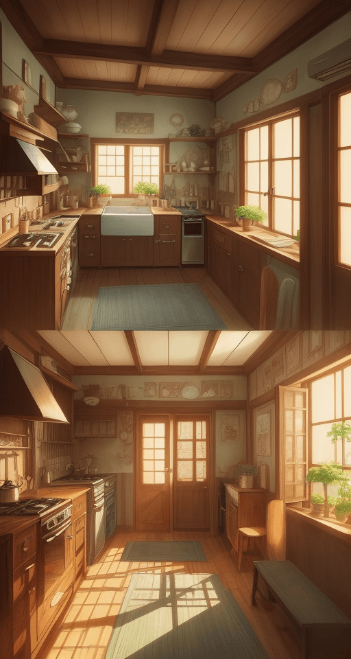 AI generated: anime illustration of cozy kitchen at small house with bohemian furnitures in the morning with shade...