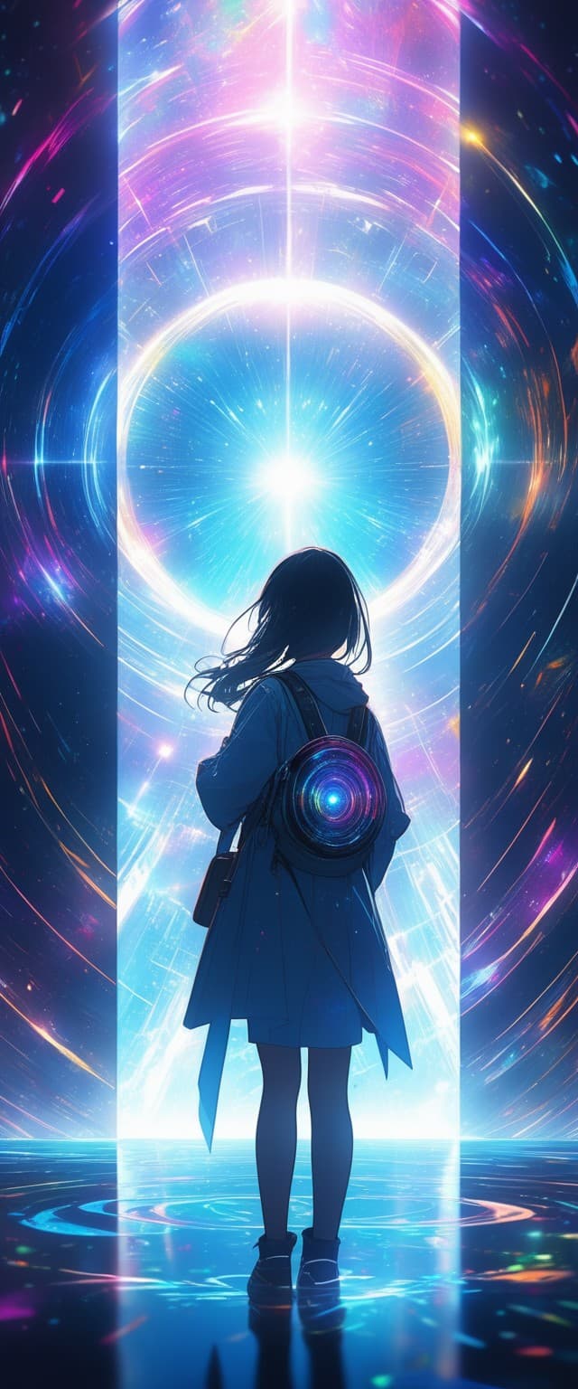 AI generated: [a girl in front of door:a girl entering a portal tha leads to other dimension, a magical image, the...