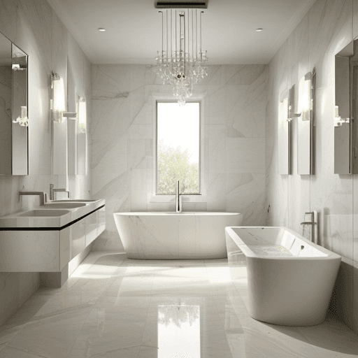 AI generated: , bathroom in modern neoclassic, bright and fresh lighting High resolution photography interior desi...