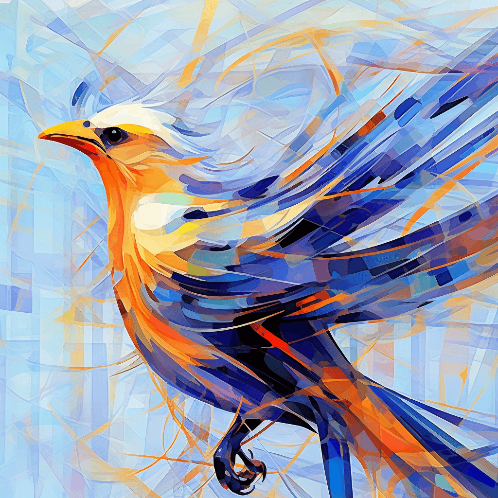 AI generated: Abstract illustration of a bird, attending an art exhibition, creating chaos, HD, by Marie Severin, ...